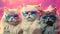 Surrealist photorealistic closeup portrait of three cats