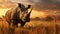 Surrealistic African Desert: A Majestic White Rhino Grazing In Fantastical Surroundings