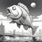Surrealistic Black And White Fish Leaping Over City Cartoon Drawing