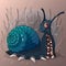 Surrealistic blue snail against a background of the moon and grass