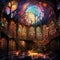 Surrealistic digital painting of a magnificent library hall