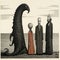 Surrealistic Encounter: Three Individuals Confront A Giant Beach Monster