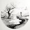 Surrealistic Fantasy Landscape: Black And White River And Tree Drawing