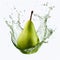 Surrealistic Green Pear Splashed With Water On White Background