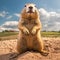 Surrealistic Humor: Ground Squirrel Sitting On Dirt Patch Under Blue Sky