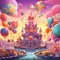 Surrealistic Illustration of Candy-Filled World with Birthday Cakes and Anniversary Gifts