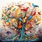 Surrealistic illustration of an orchestra of birds playing amidst a vibrant, otherworldly landscape