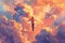 A surrealistic illustration of a person floating among the clouds, arms outstretched and eyes closed in bliss