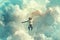 A surrealistic illustration of a person floating among the clouds, arms outstretched and eyes closed in bliss