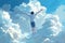 A surrealistic illustration of a person floating among the clouds, arms outstretched and eyes closed in bliss