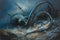 A surrealistic painting of a colossal squid lurking in the depths, its massive tentacles coiled around a sunken shipwreck