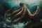 A surrealistic painting of a colossal squid lurking in the depths, its massive tentacles coiled around a sunken shipwreck