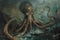 A surrealistic painting of a colossal squid lurking in the depths, its massive tentacles coiled around a sunken shipwreck