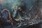 A surrealistic painting of a colossal squid lurking in the depths, its massive tentacles coiled around a sunken shipwreck