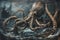 A surrealistic painting of a colossal squid lurking in the depths, its massive tentacles coiled around a sunken shipwreck