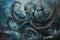 A surrealistic painting of a colossal squid lurking in the depths, its massive tentacles coiled around a sunken shipwreck