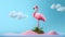 Surrealistic Pink Flamingo Standing On Grassy Land