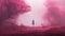 Surrealistic Pink Forest: A Woman Standing In Fuchsia Fog