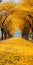 Surrealistic Yellow Path Lined With Petal-covered Trees: A Naturecore Dream
