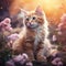Surrounded by flowers, a cute cat is depicted in a photorealistic portrait in a natural setting by AI generated