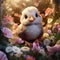 Surrounded by flowers, a photorealistic portrait captures the charm of a cute chick in a natural setting by AI generated