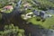 Surrounded by hurricane Ian rainfall flood waters homes in Florida residential area. Aftermath of natural disaster