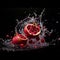 Surrounding the pomegranate, a swirl of splashing droplets creates an enchanting spectacle. Generative AI