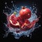 Surrounding the pomegranate, a swirl of splashing droplets creates an enchanting spectacle. Generative AI