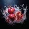 Surrounding the pomegranate, a swirl of splashing droplets creates an enchanting spectacle. Generative AI