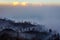 Surroundings of Ijen volcano. Trees through fog and sulfur smoke. Banyuwangi Regency of East Java, Indonesia.