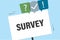 Survey banner. Speech bubbles with signs. Abstract background about vote, survey or feedback. Cartoon poster template