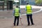 Surveyor builder Engineers working with survey equipment theodolite on a tripod transit equipment at construction site