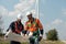 Surveyor and engineer Examine the efficiency of gigantic wind turbines that transform wind energy into electrical energy that is