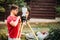 surveyor engineer using equipment with theodolite and total station