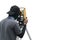 Surveyor Engineer working with theodolite transit equipment total station tool on white background, theodolite or tacheometer us