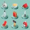 Survival kit color isometric icons