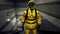 A survivor in chemical protective clothing rises to the surface from a deserted subway. The concept of a post