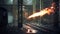 Survivors in chemical protective clothing walk along a deserted subway with a flamethrower during a virus pandemic. The