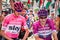 Susa, Italy May 26, 2018: Chris Froome in pink jersey and Elia Viviani in purple jersey speak in first