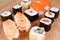 Sushi assortment of shrimp, salmon fillet