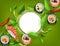 Sushi banner with rolls, shrimp nigiri, avocado and chili pepper isolated on green background.