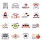 Sushi bar labels. Japan traditional seafood sushi rolls from salmon and rice recent vector stylized illustrations for