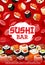 Sushi bar menu, unagi maki and sashimi rolls