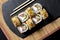 Sushi bonito roll on a dark background. Top view of sushi . Sushi food photo for menu