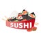 Sushi cafe banner, poster vector illustration. Japanese cuisine in cartoon style. Asian food wirh rice. Salmon and