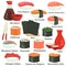 Sushi color flat icons set with names on white background