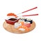 Sushi.A colorful set of different types of sushi on a bamboo tray, chopsticks and a bowl of soy sauce. Isolated vector