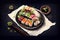 Sushi on dark background: striking contrast and vibrant colors create a captivating artwork, generative ai illustration