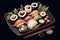 Sushi on dark background: striking contrast and vibrant colors create a captivating artwork, generative ai illustration