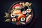 Sushi on dark background: striking contrast and vibrant colors create a captivating artwork, generative ai illustration